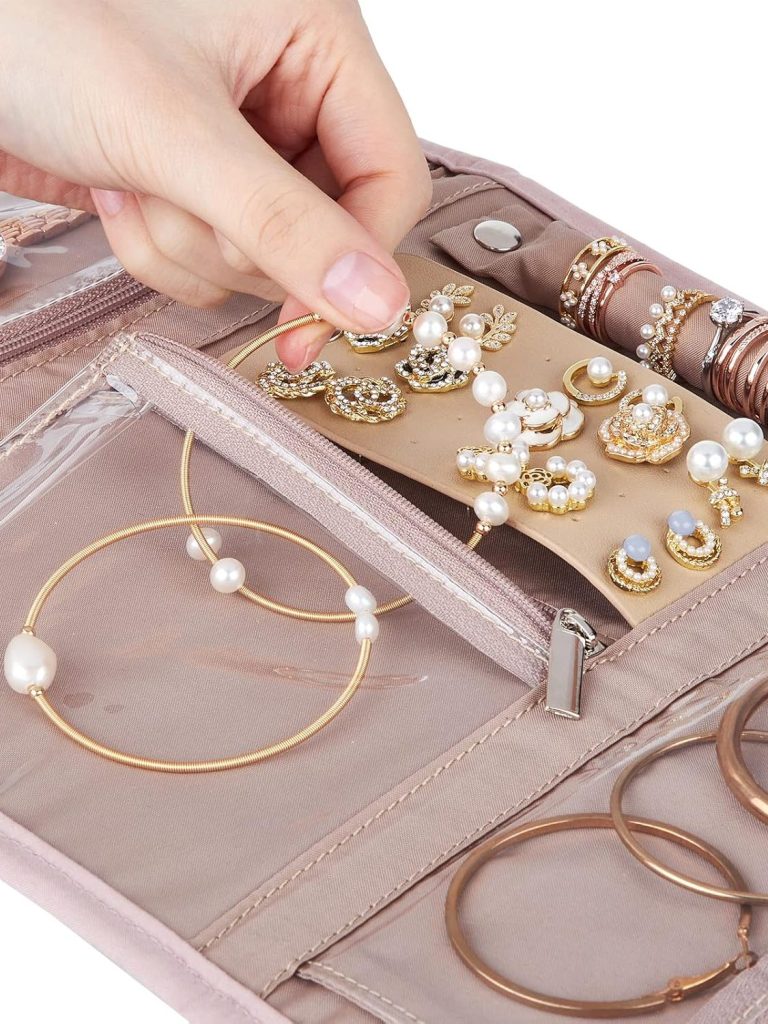 BELALIFE Travel Jewelry Case Organizer, Medium Foldable Storage Roll for Earrings, Necklaces, Rings, Bracelets, Brooches, Pink