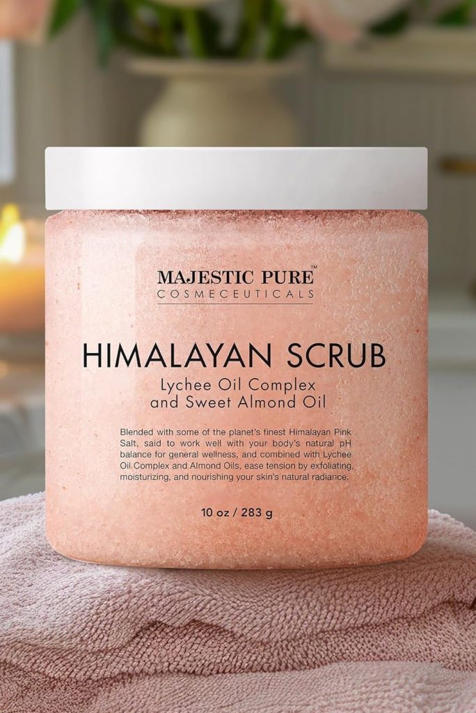 MAJESTIC PURE Himalayan Salt Body Scrub with Lychee Oil, Exfoliating Salt Scrub to Exfoliate & Moisturize Skin, Deep Cleansing - 10 oz