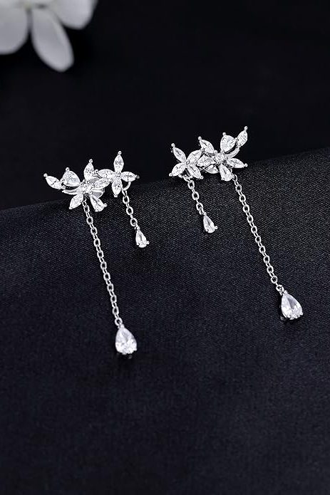 SLUYNZ 925 Sterling Silver CZ Flowers Wrap Dangle Chain Earrings - Elegant Bridal Wedding Engagement Drop Earrings