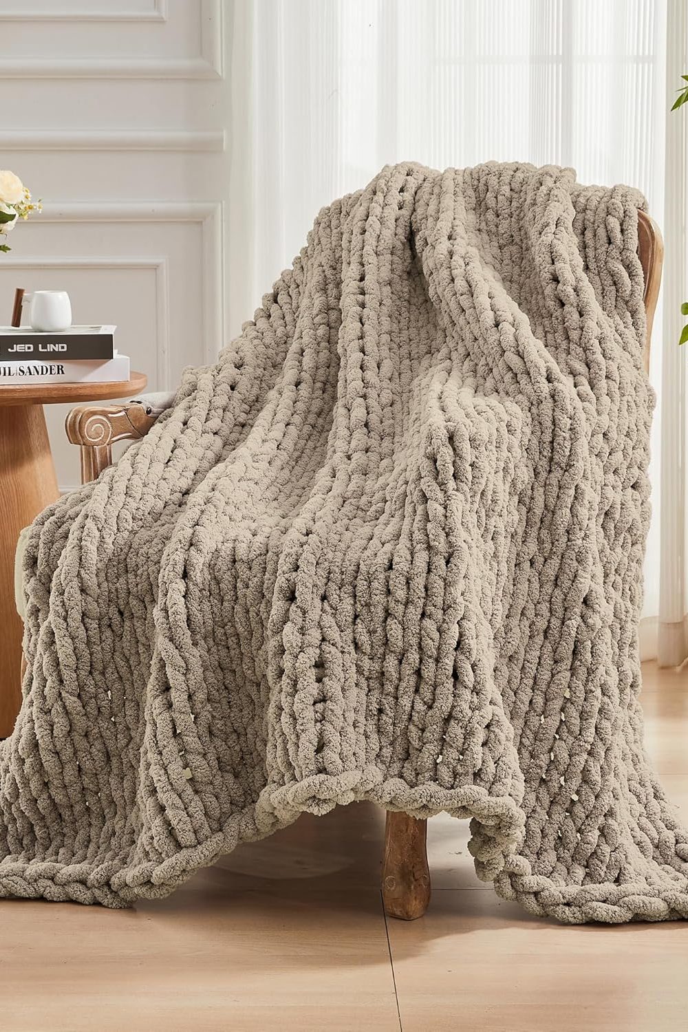 Carriediosa Chunky Knit Throw Blanket 50" X 60", 100% Hand Made Large Chenille Loop Yarn Soft Fluffy Throws for Couch Sofa Bed, Big Crochet Cozy Heavy Thick Cable Woven Blankets, Taupe