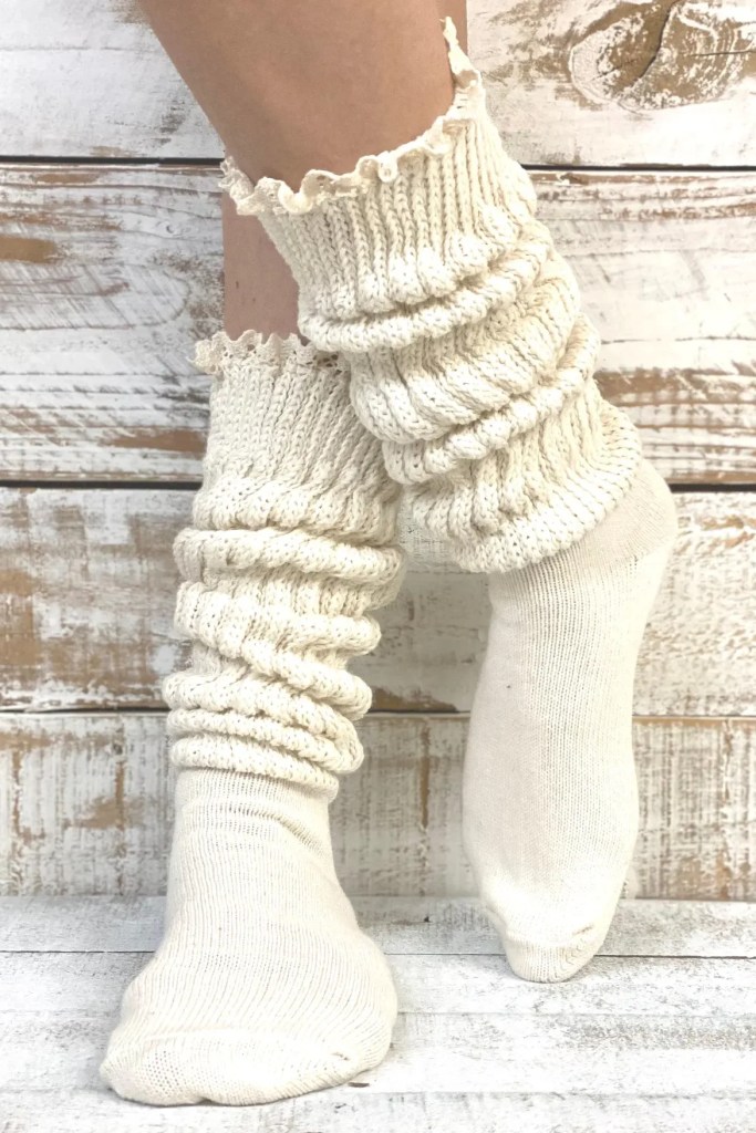 ULTIMATE chunky comfy Beige cotton LACE slouch socks women , made USA, 1980s quality thick scrunchy socks men women (6-9) (10-13)