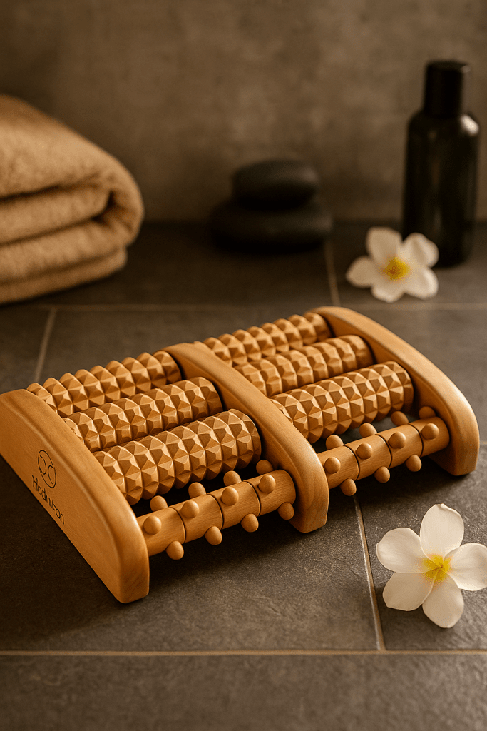 HELDSON® Foot Roller Massager Plantar Fasciitis Pain Relief - Wooden Under Desk Feet Massage - Dual Manual Heel Massagers - Wood Rolling Acupressure Tool with Reflexology Guide - Gift for Men, Women