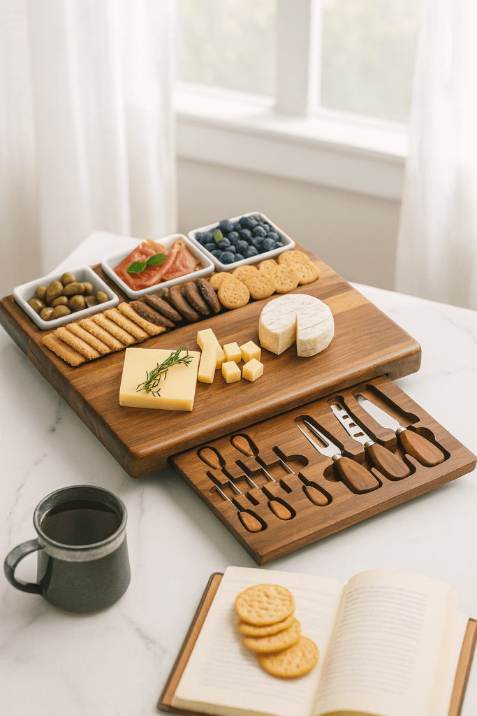 Shanik Large Acacia Wood Charcuterie Board Set with 3 Removable Ceramic Bowls & Serving Utensils - Housewarming, Wedding, Bridal Shower, Home and Kitchen, New Home Gift Ideas for Women, Gifts for Her