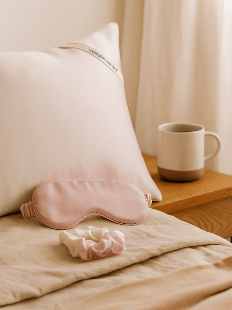 Mulberry Silk Pillowcase Gift Set, Eye Mask, Pillowcase, and Scrunchie for Gentle Sleep Reducing Breakage, Tangles, Creases, and Wrinkles - Queen Size - Pink & White