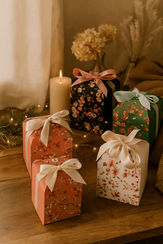 Floral Gift Boxes with Lids & Ribbons (20 Pack) 6” x 5” Decorative Printed Treat Boxes for Gift Giving, Cookie Tins, Mithai Indian Sweets, Candy, Christmas, Diwali, Favors, Baked Goods, Empty, Bulk