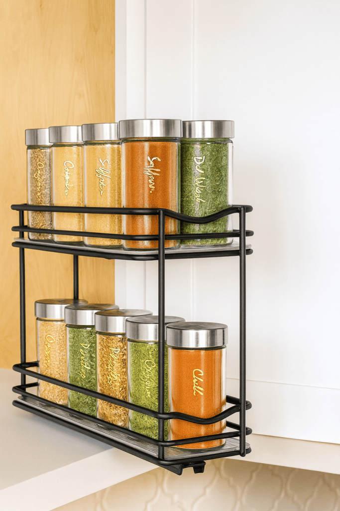LYNK PROFESSIONAL® Pull Out Spice Rack Organizer for Inside Kitchen Cabinets - 4-3/8 inch Wide - Slide Out Drawer – Black Sliding Spice Cabinet Organization Shelf Racks - 2 Tier