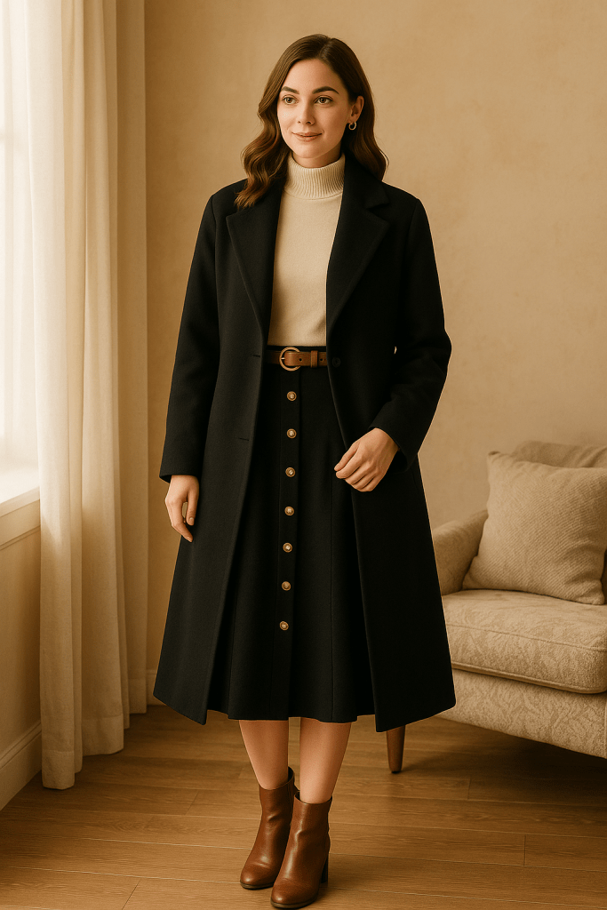 a model wearing fleece-lined leggings, a charcoal corduroy midi skirt, a cream merino mockneck, and the Lauren Emma Top Coat with light-brown block-heel booties and minimalist gold hoops.