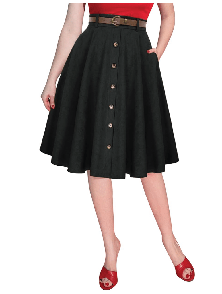 Belle Poque Women's Knee Length Corduroy Skirt Vintage Stretch High Waist A-Line Midi Skirt with Pockets & Belts