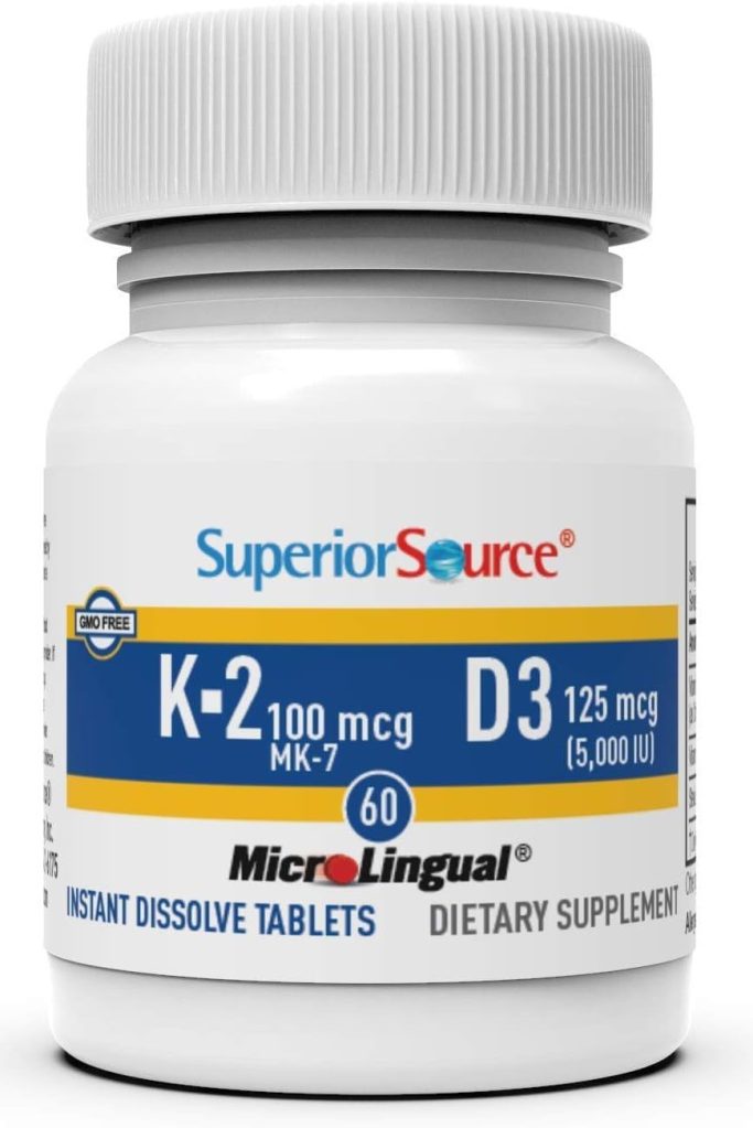 Superior Source K2 (MK-7) 100 mcg, with D3 (5,000 IU) Supplement, Quick Dissolve MicroLingual Tablets, 60 Count, Strengthen Bones, Cardiovascular & Immune System Support, Non-GMO