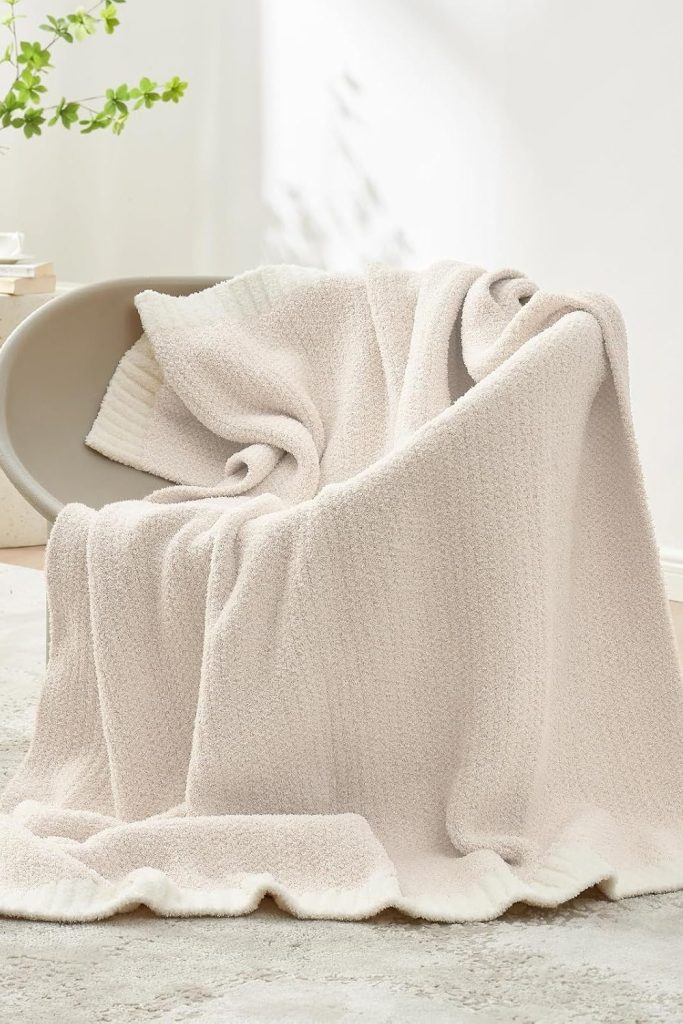Snuggle Sac Buttery Ivory Throw Blanket for Couch, Reversible Super Soft Knitted Blankets, Warm Cozy Knit Fuzzy Plush Lightweight Throws Dupes for Sofa, Bed, Picnic, Ivory, 50 x 60 inches