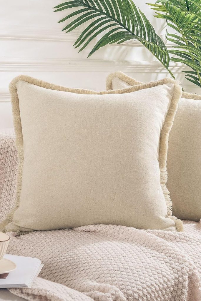 NEXHOME PRO Boho Throw Pillow Covers for Couch Set of 2 18"x18", Handmade Decorative Linen Pillow Covers Shams for Sofa, Living Room, Farmhouse Fringed Cushion Covers, Beige (NO Insert)