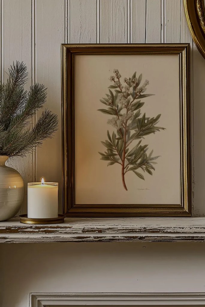 Mistletoe Art Print - Unframed Vertical Christmas Botanical Wall Art, Neutral, Vintage Style Minimalist Winter Holiday Decor