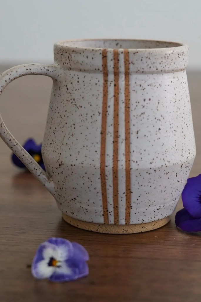 Handmade Speckled Pottery Mug: Matte White Glaze, Striped Stoneware