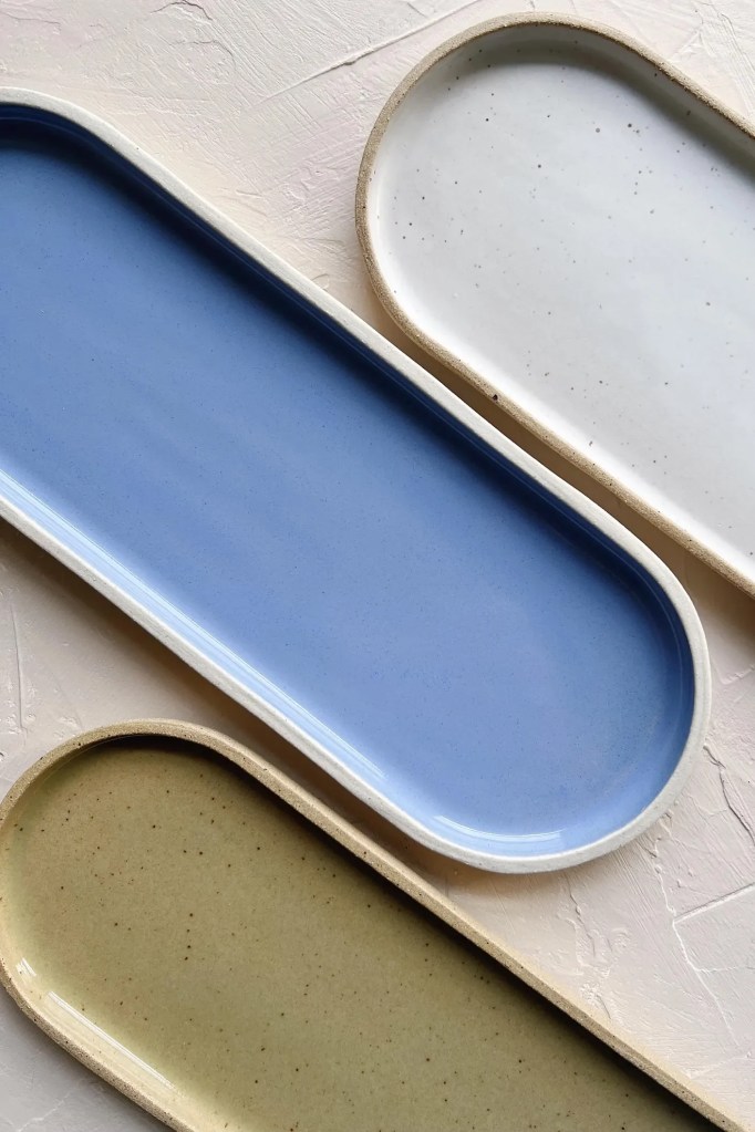 Long Oval Ceramic Catchall Tray | 12" Handmade Oval Decorative Tray | Stoneware Serving Tray | Vanity Tray | Kitchen Bathroom Organizer