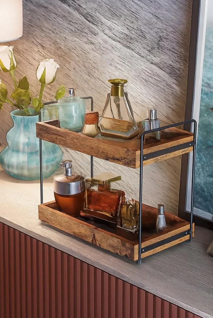 2-Tier Bathroom Counter Organizer, Rustic Wood Kitchen Countertop Spice Rack, Vanity Makeup Storage Shelf