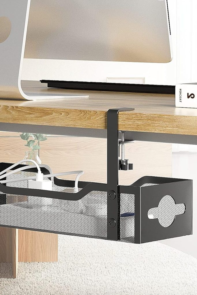 Under Desk Cable Management Tray No Drill, Metal Mesh Cable Management Under Desk with Clamp Mount, 2 Hole Cable Tray with Wire Management and Cord Organizer for Home Office Standing Desk