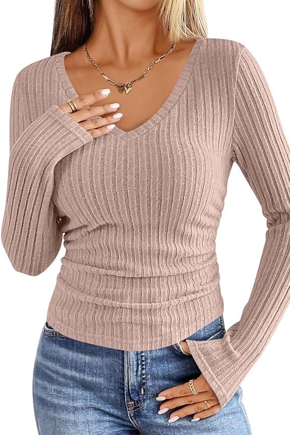 ANRABESS Womens Long Sleeve Shirts V Neck Ribbed Knit Slim Fit Lightweight Sweater 2025 Fall Dressy Casual Travel Work Tops