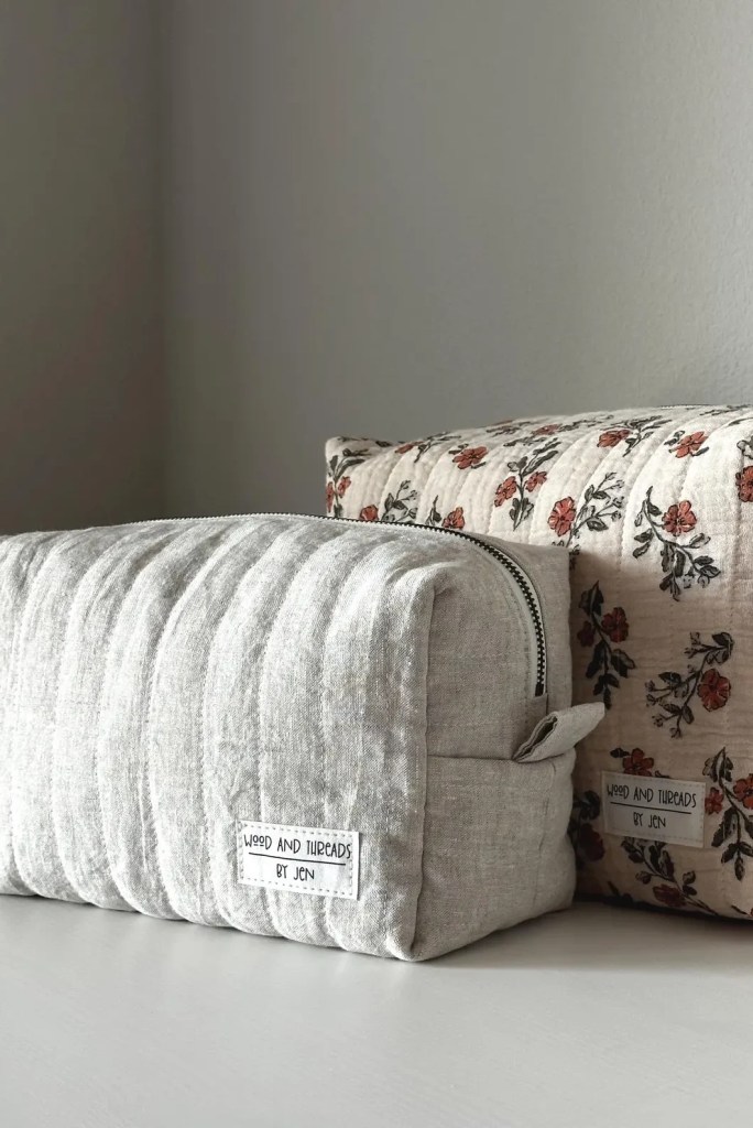 Medium Oat Quilted Boxy Pouch, Handmade Linen Makeup and Travel Cosmetic Bag with Zipper