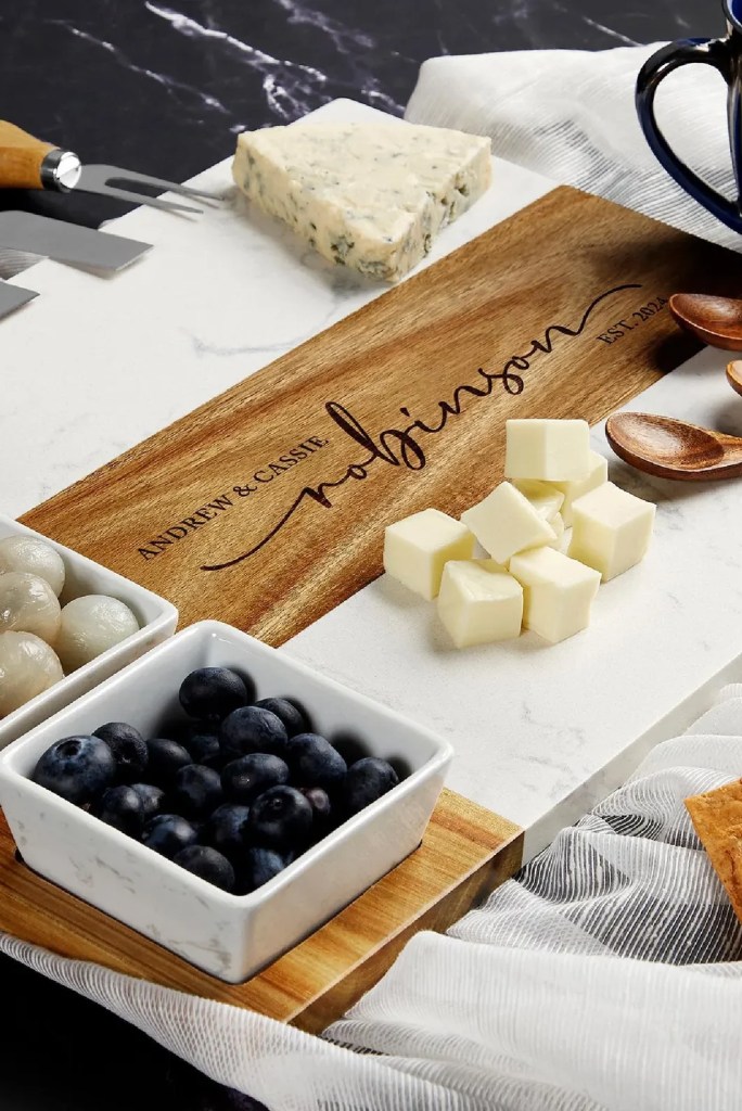 Personalized serving board for couple or family gift, cheese board with acacia wood & marble, engraved wedding gift,custom charcuterie board