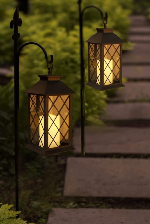 Bright Zeal 2-Pack 13.5" Vintage Candle Lantern with LED Pillar Candle (Black, 6hr Timer) - IP44 Waterproof Battery Powered Decorative Light - Outdoor Patio Hanging Lantern Decorative Tabletop Light