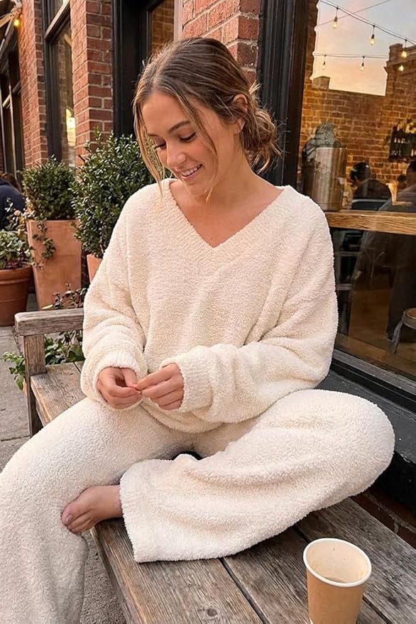 MEROKEETY Women's Lounge Sets 2026 Fall Fashion 2 Piece Outfits Sweater Pajama Set Fuzzy Loungewear Matching Winter Clothes