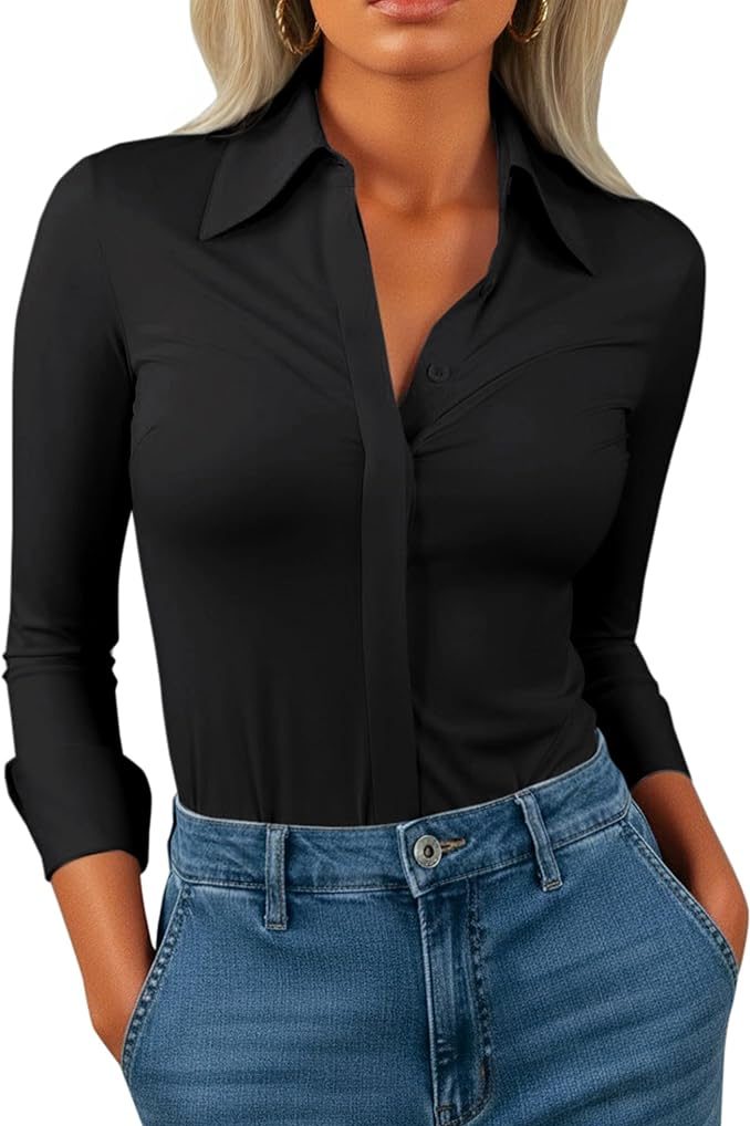 Button Down Shirts for Women Slim Fit Long Sleeve Stretch Dress Shirts Work Shirt Wrinkle Free Office Blouse Top