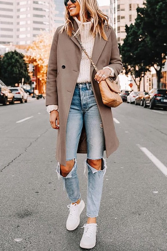 Hooever Women's Winter Wool Coat Casual Notch Lapel Single-Breasted Peacoat