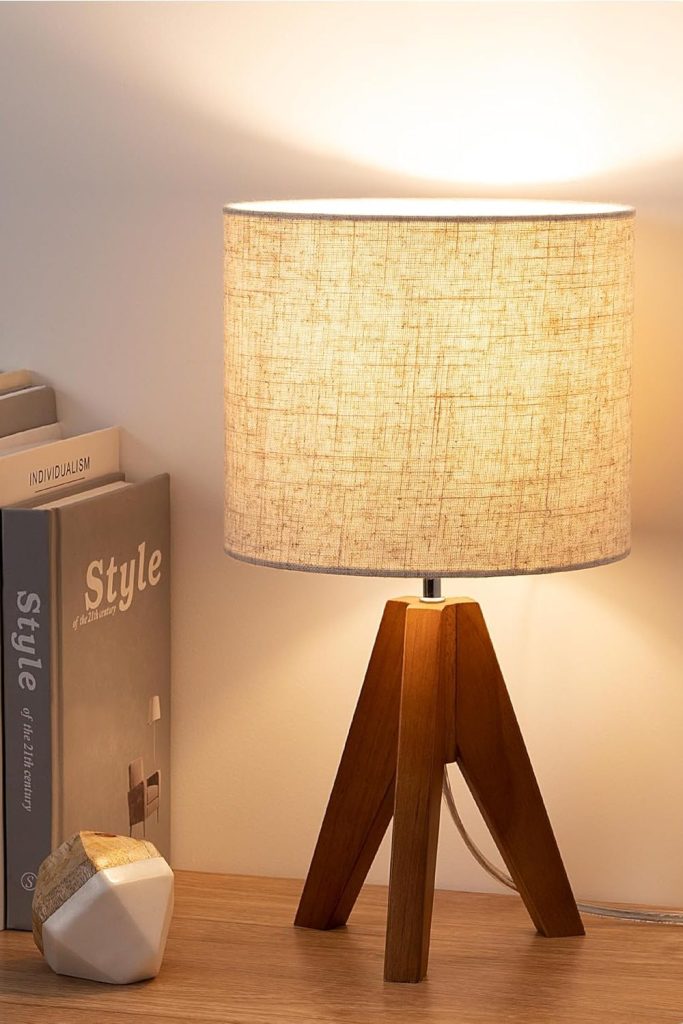 EDISHINE Tripod Table Lamp, Small Cute Bedside Lamp with Linen Beige Lampshade, Nightstand Lamp for Nursery, Bedroom, Kid Room, Living Room, Light Brown Wooden Base, E26 Socket, 14.2 Inch