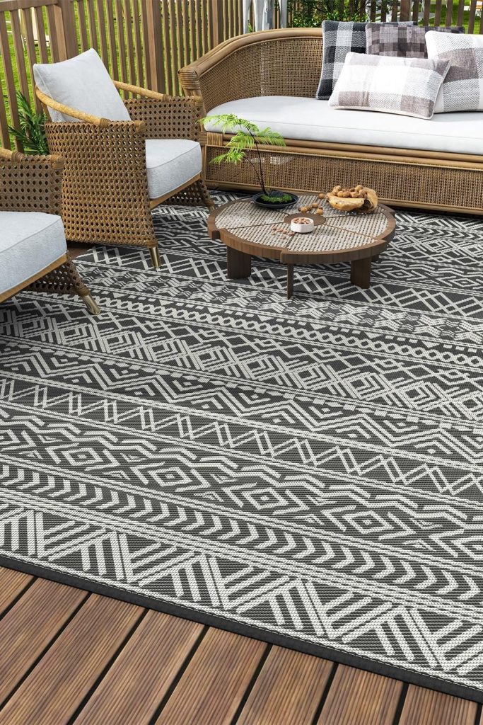 MontVoo-Outdoor Rug Waterproof 6x9 ft Outdoor Carpet Patio Rug Mat Reversible RV Camping Rug-Plastic Straw Rug Outside Outdoor Area Rug for Patio Deck Balcony Backyard Picnic Beach -Boho Grey