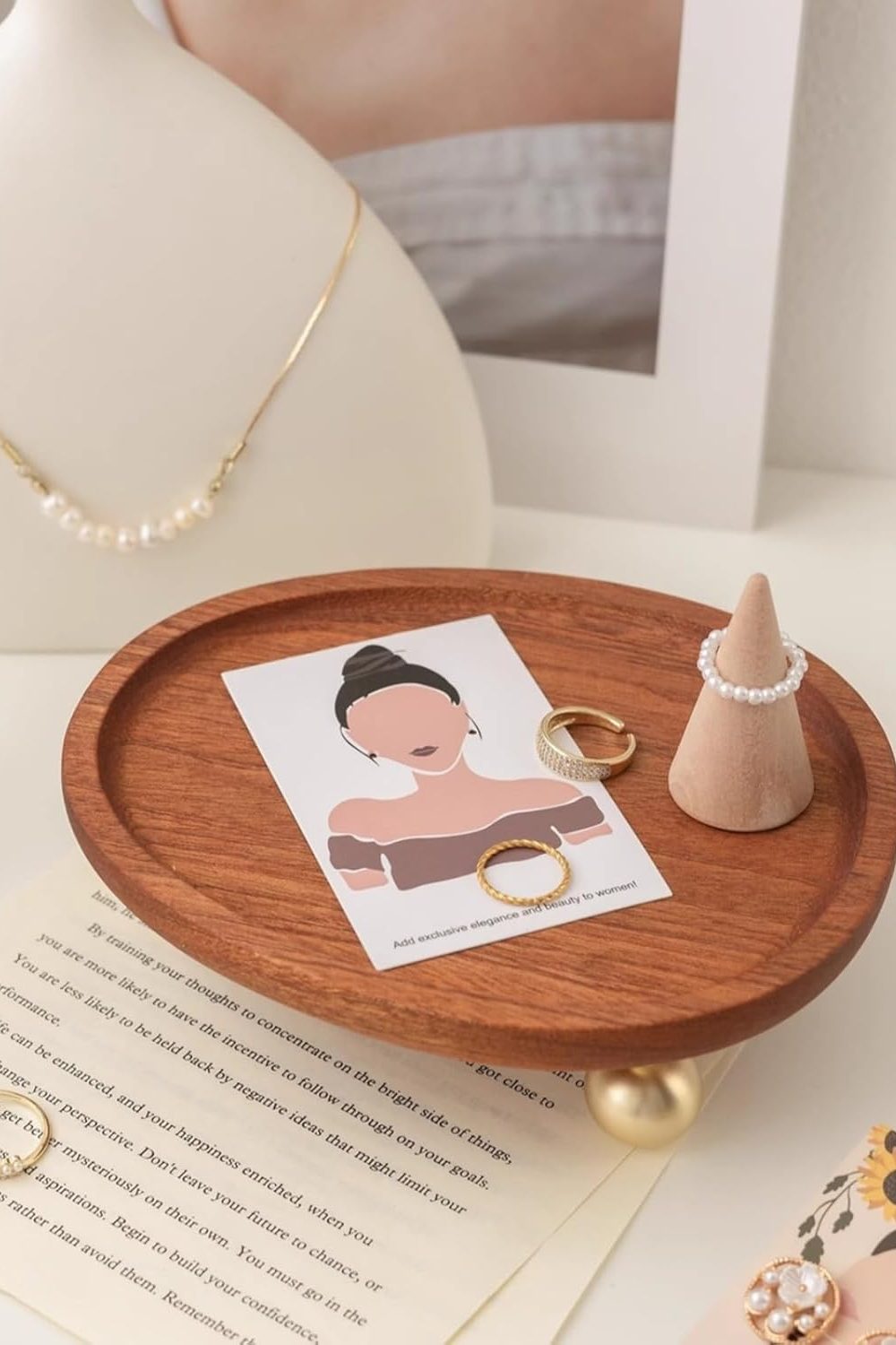 Wooden Jewelry Display Tray, Mothers Day Gifts Presentation Tray, Organizer for Rings, Necklaces, Earrings, Catchall Holder, Trinket Dish, Key Tray (Oval)