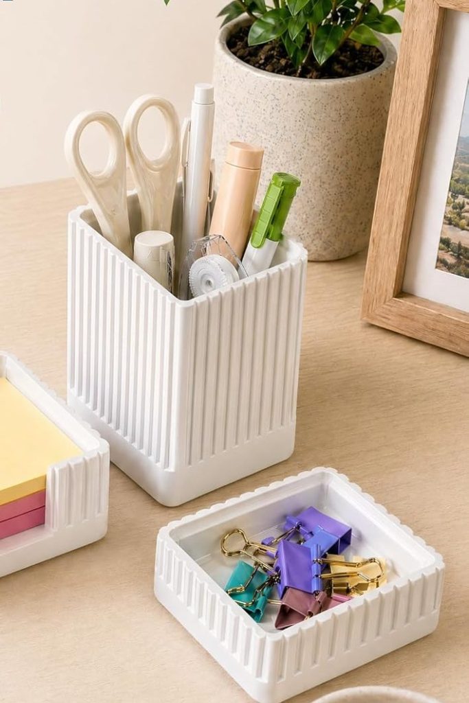 Desk Organizer Set of 3 for Office Accessories - Includes Pen Holder, Paperclip Storage, and Sticky Note Holder - Aesthetic Concrete Desktop Accessories for Women or Men, Office Decor (White)