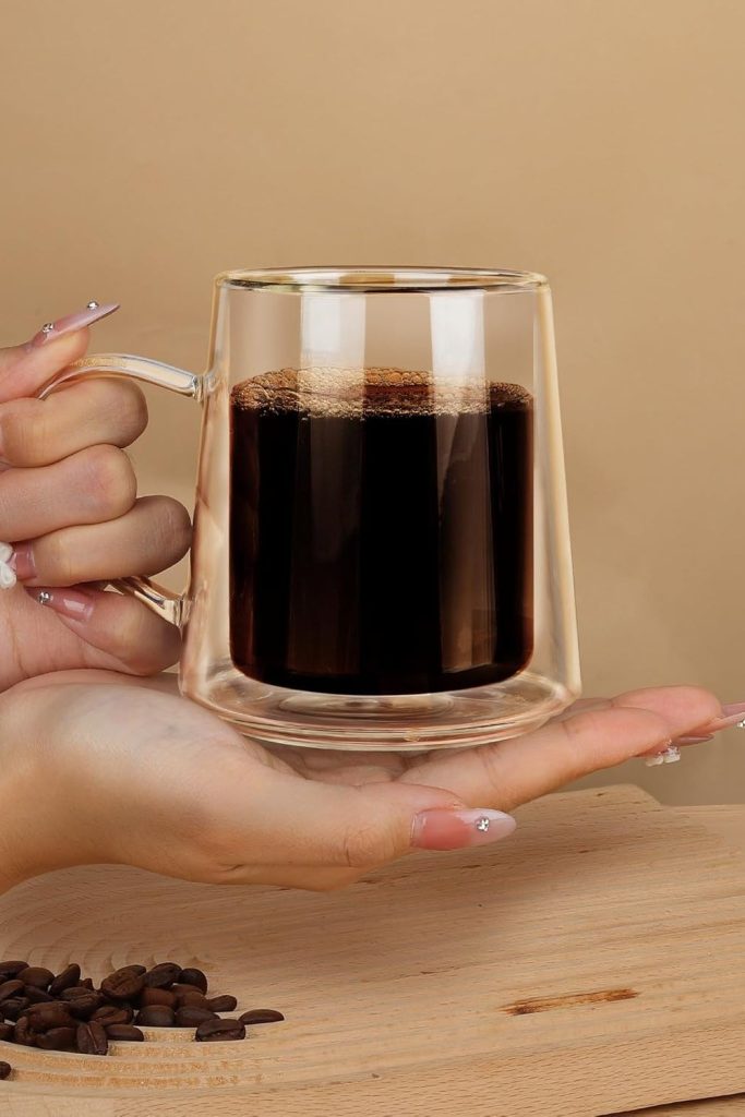 Joeyan 10.8oz Double Wall Glass Coffee Mugs Set of 2, Insulated Clear Glass Coffee Cups with Handle, Thermal Two Layer Latte Mugs for Hot Cold Drinks, Glassware for Coffee Tea Cocktails Espresso Beer