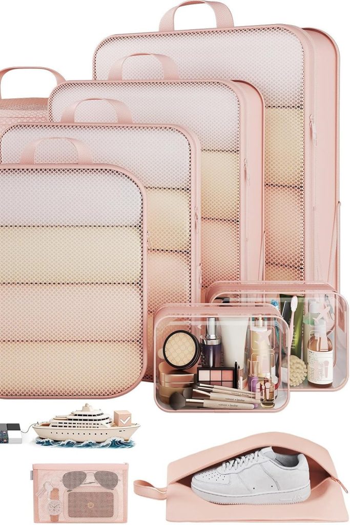 Veken 9/11 Set Compression Packing Cubes for Travel Essentials,Compressible Expandable Large Luggage Suitcase Organizer Bags for Clothing,Durable Space Saver Storage Bags with Toiletry Bags(Beige)