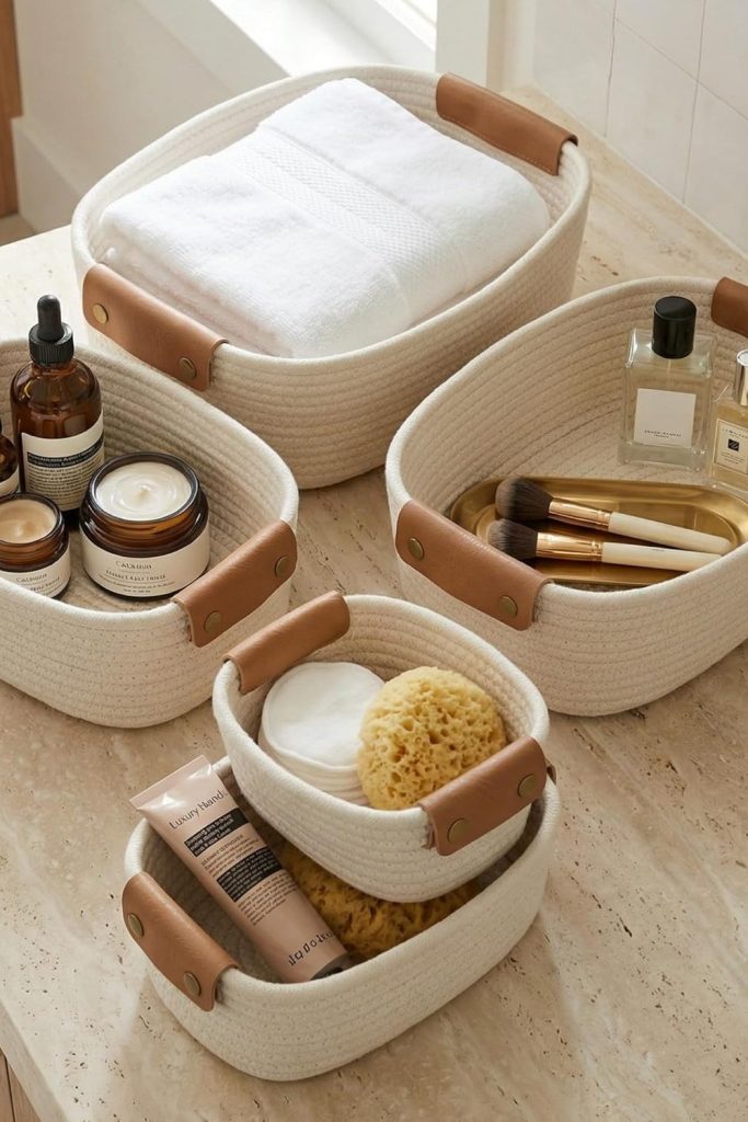 Beautiful Storage Basket Set of 5 - Sturdy Cotton Rope Baskets for Shelves Are Perfect for Organizing Your Home - Quality Storage Bins Easily Fit With Any Nursery or Bedroom Decor