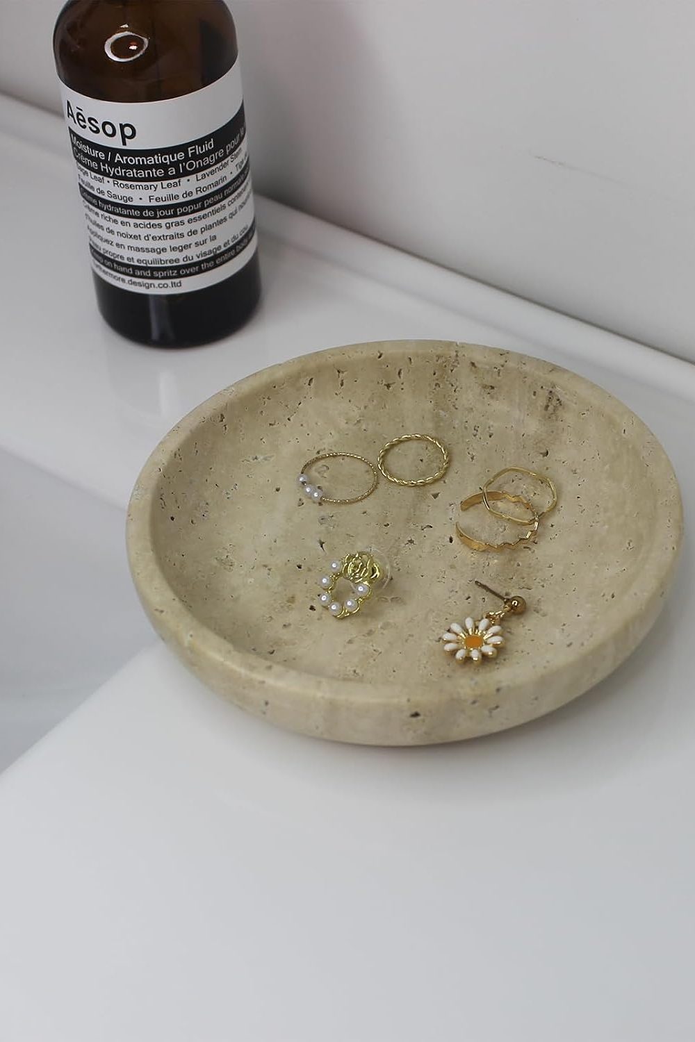 Natural Travertine Marble Jewelry Dish 5.5", Trinket Dish for Ring Earring, Gift for Woman Daugther(Beige Travertine)