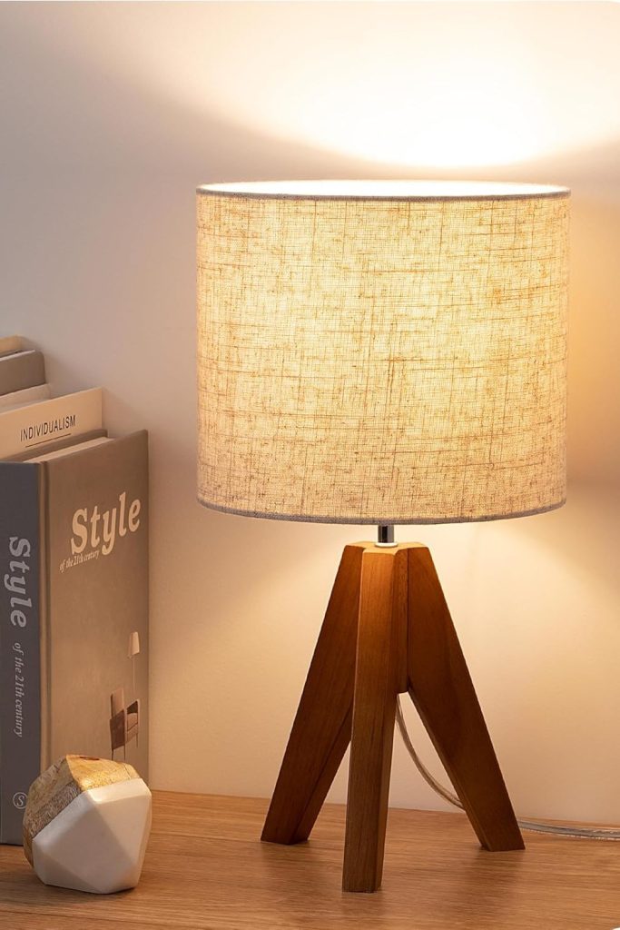 EDISHINE Tripod Table Lamp, Small Cute Bedside Lamp with Linen Beige Lampshade, Nightstand Lamp for Nursery, Bedroom, Kid Room, Living Room, Light Brown Wooden Base, E26 Socket, 14.2 Inch