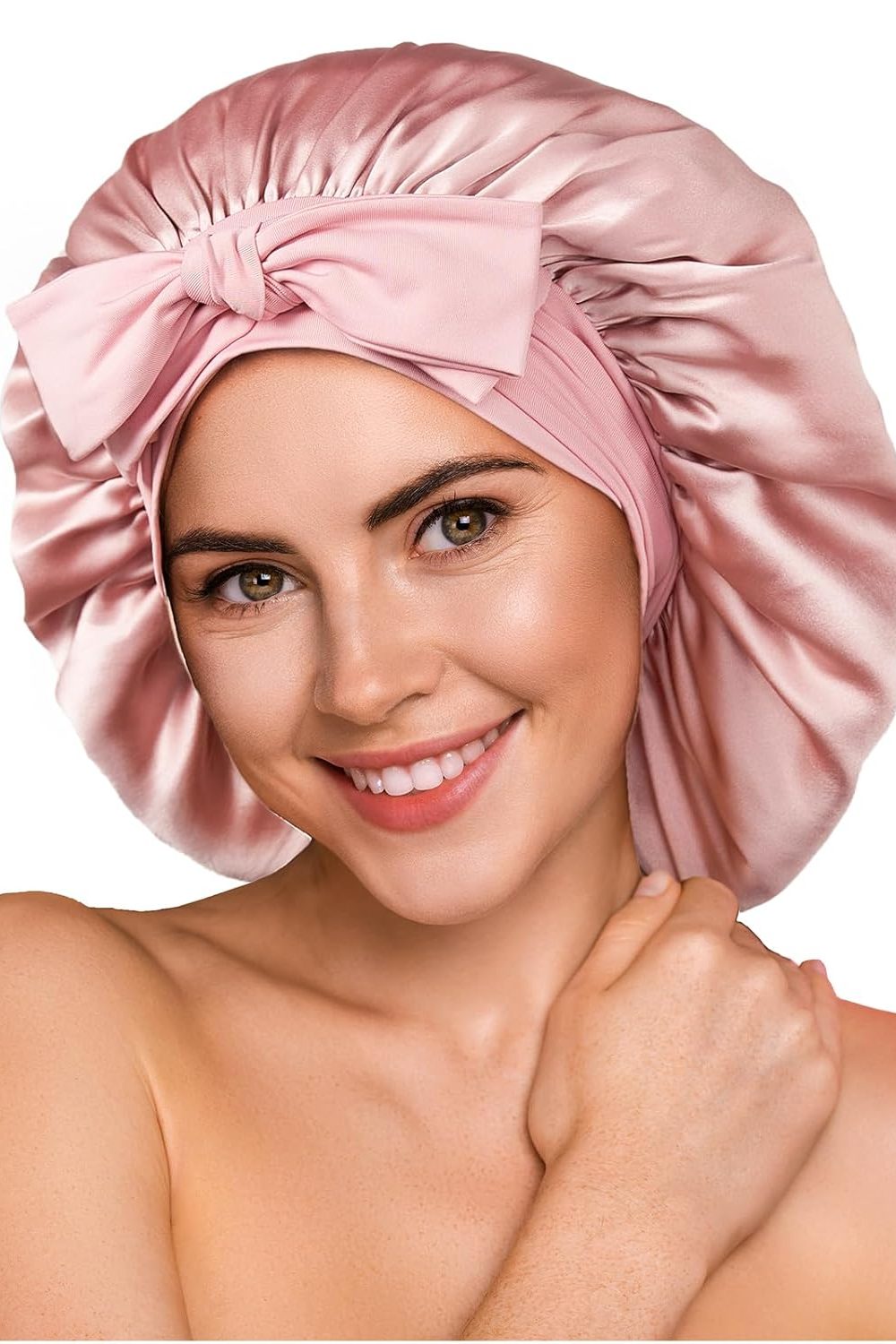 YFONG 100% 22 Momme Mulberry Silk Bonnet for Sleeping Women, Larger Double Layer Silk Hair Wrap for Curly Short Long Hair, Non-Slip Sleep Cap Turban with Elastic Tie Band for Hair Care, Pink