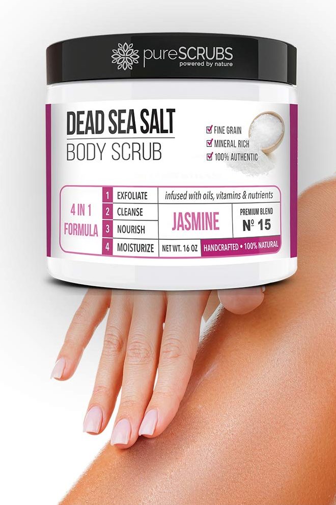 Premium Jasmine Body Scrub Set, Exfoliating Dead Sea Salt Scrub | Ultra Skin Smoothing, Deeply Moisturizing Body Exfoliator, Shower Scrub for Rough, Dry Skin, Includes Loofah, Spoon & Soap