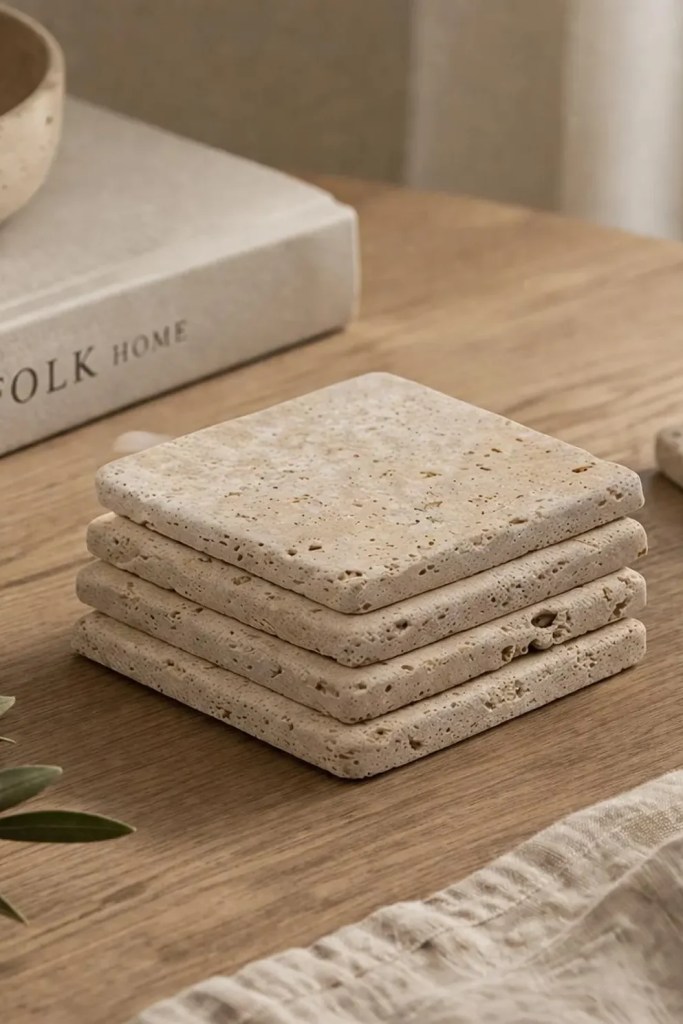Travertine Coaster Set of 4, Natural Stone Drink Coasters with Cork Backing, Rustic Handmade Home Decor Gift